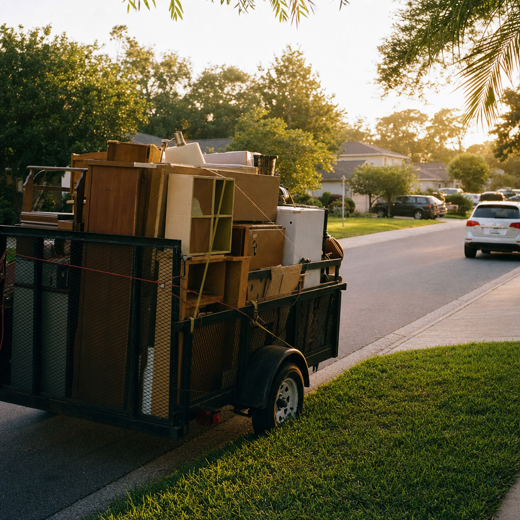Utility trailer loaded with junk at the curb