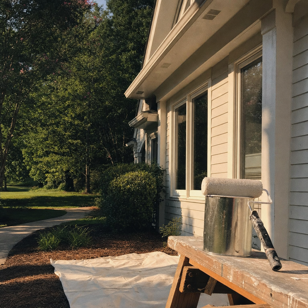 Freshly painted house exterior with roller and can
