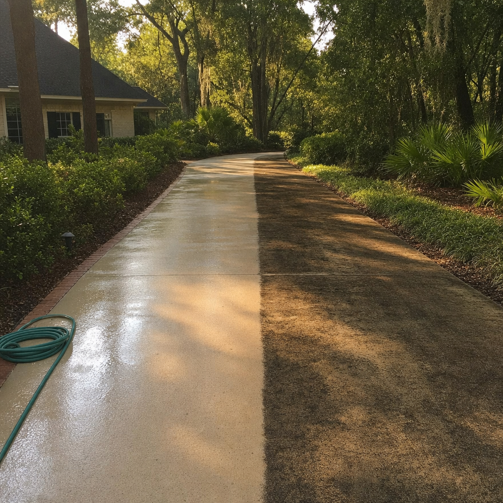 Driveway half pressure-washed, clean and dirty sides